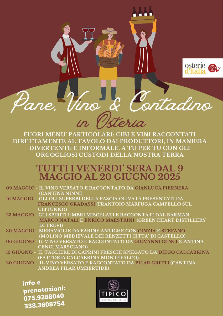 Tutti i venerdì di maggio e di giugno, oltre alle proposte tradizionali, proporremo fuori menu’ particolari: cibi e vini raccontati direttamente al tavolo dai produttori, in maniera divertente e informale. Dal 9 maggio al 20 giugno. Scorri tutto il programma. #Montone #Umbria