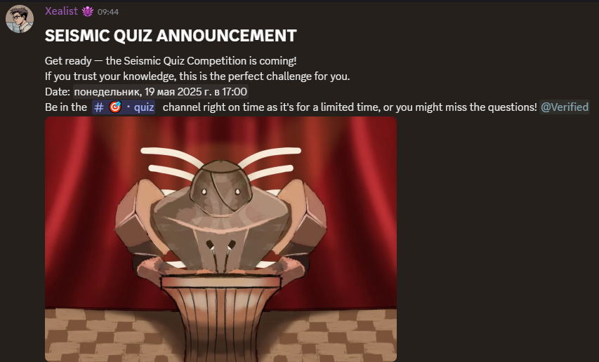 JaStathamm's tweet photo. SEISMIC QUIZ ANNOUNCEMENT
Get ready — the Seismic Quiz Competition is coming!
19.05.2025 14.00 UTC. @SeismicSys  discrod, 
quiz channel. https://t.co/E560dSO076