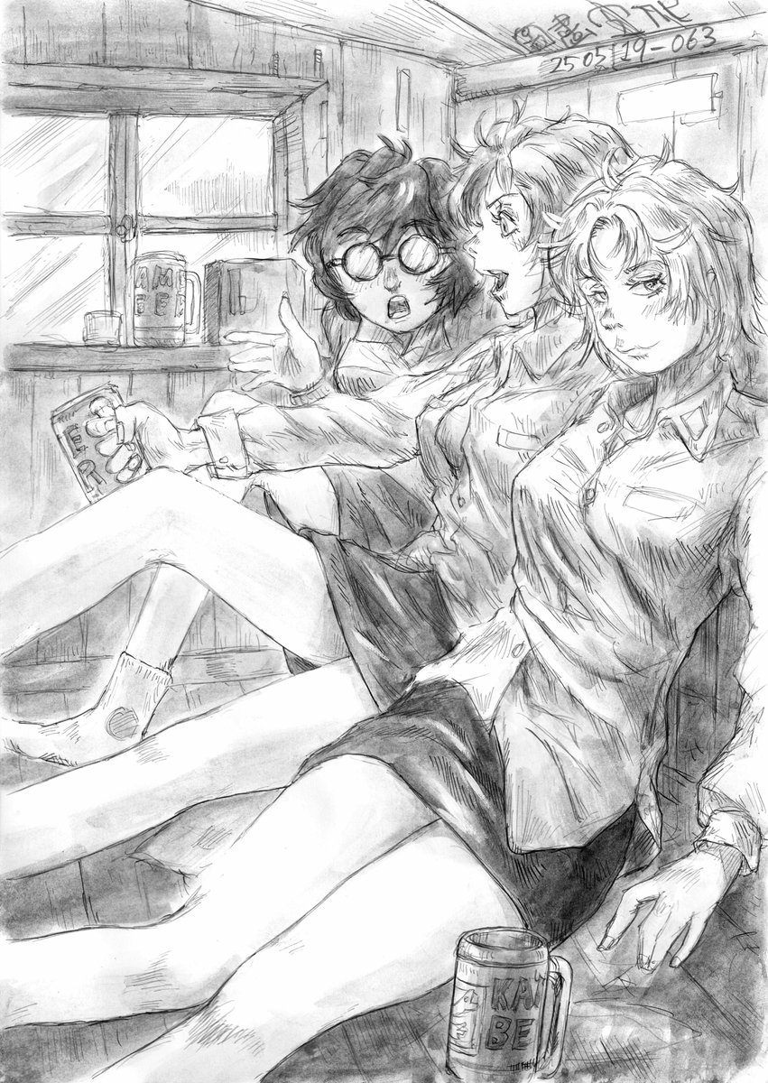 one FRAME 100シリーズ63枚目。  
原稿にトーン入れと仕上げをし、完成しました。枠線を描き忘れており、サインの位置がナゲヤリです。先日、彼女らの名前が仮定しまして、手前から「ドヴィナ・ヴォルガ・デスナ」となっております。
#アナログイラスト #水彩