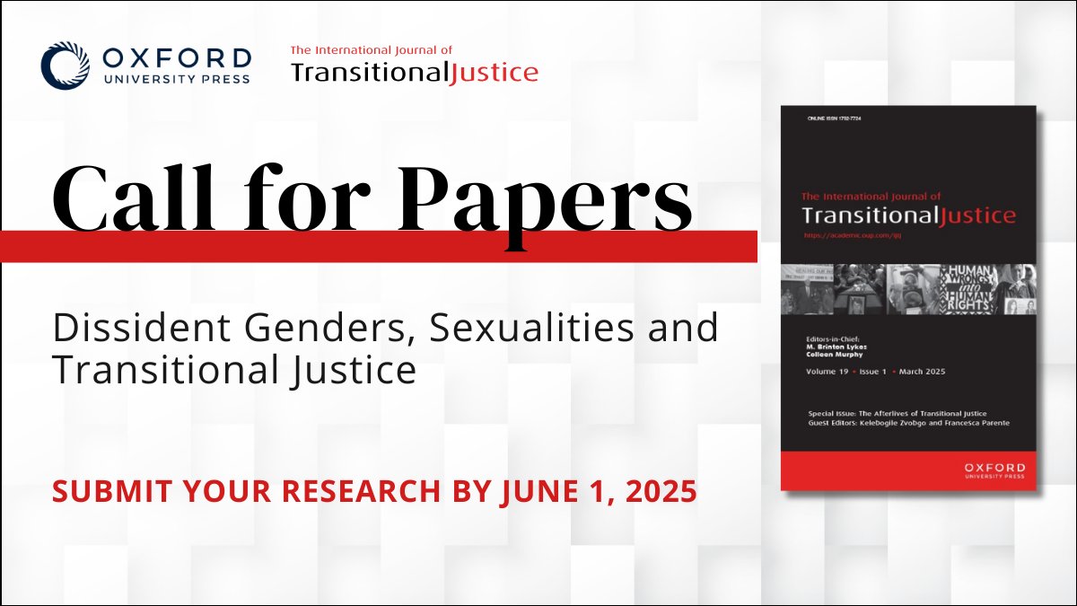 OUP Law (@ouplaw) on Twitter photo Exploring justice through a new lens?
IJTJ calls for submissions for a special issue on dissident genders, sexualities, and #transitionaljustice.
đź“…: June 1, 2025.
Details here: oxford.ly/3SKiNQx
<a href="/OxfordJournals/">Oxford Journals</a>
#callforpapers Exploring justice through a new lens?
IJTJ calls for submissions for a special issue on dissident genders, sexualities, and #transitionaljustice.
đź“…: June 1, 2025.
Details here: oxford.ly/3SKiNQx
<a href="/OxfordJournals/">Oxford Journals</a>
#callforpapers