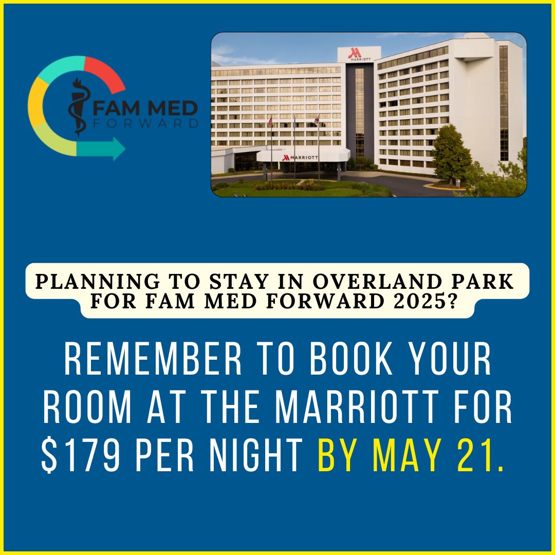 Remember, Fam Med Forward is less than one month away! Our annual premier event is happening June 6, 2025 at the Marriott at 10800 Metcalf Ave in Overland Park. Our room special has been extended to May 21, so if you are staying, get your room booked: marriott.com/event-reservat…