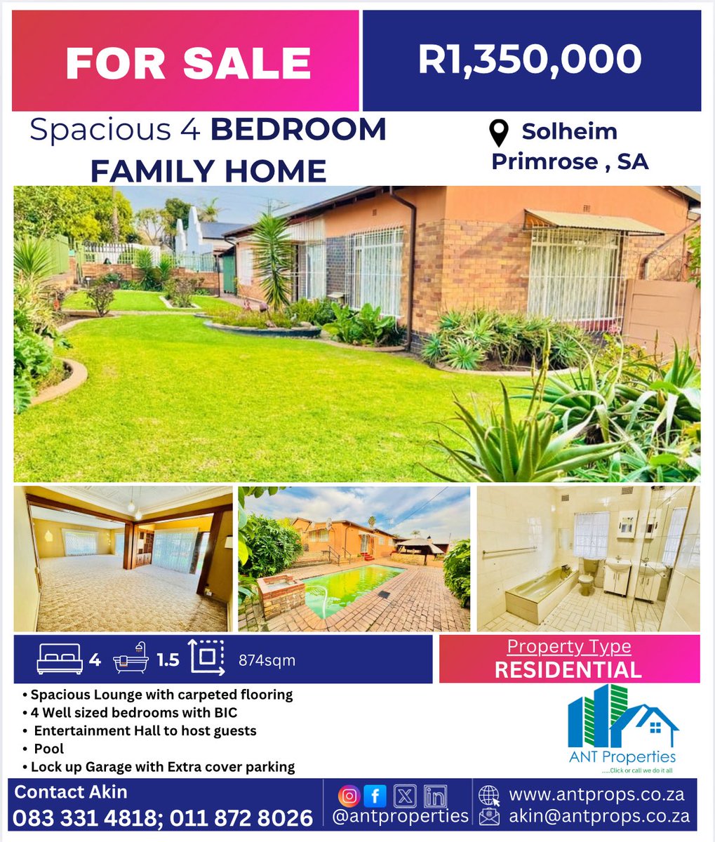 antproperties's tweet image. R 1 350 000

Spacious 4 Bedroom Home in Solheim

Stand Size: 874 sqm | Prepaid Electricity | Alarm System

Akin
083 331 4818 
📧 akin@antprops.co.za 

💬 Call, Text, or DM to inquire!
👍 Like, Comment, and Follow @antproperties for more amazing listings!
#ANTProps #AntProperties