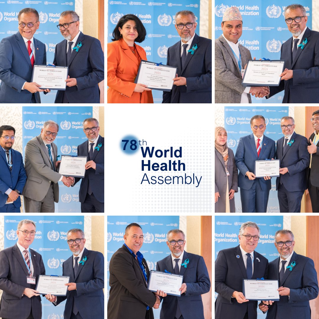 Congratulations 👏 to this year’s #WorldNoTobaccoDay🚭 Award winners!

Your leadership is saving lives, protecting youth, and pushing back against the tobacco industry.

At #WHA78, we honour your bold action for a healthier, tobacco-free future 🔗bit.ly/3H3aOfa