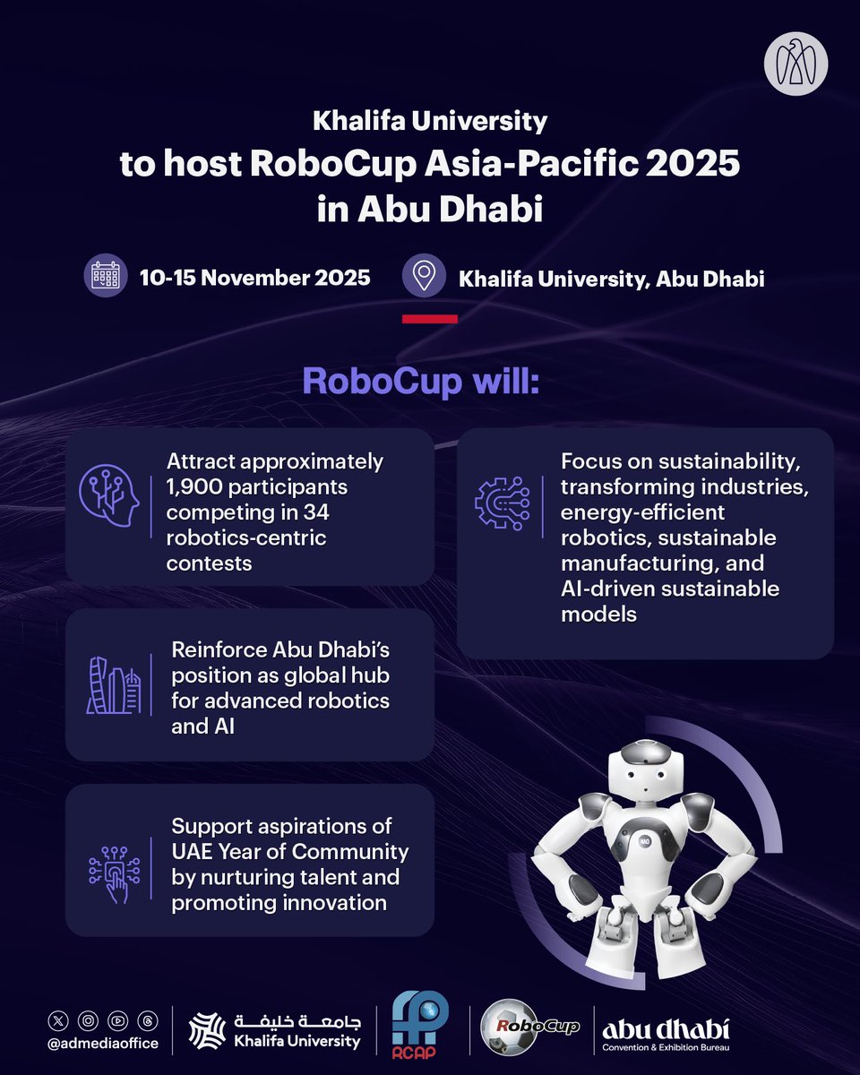 مكتب أبوظبي الإعلامي (@admediaoffice) on Twitter photo .<a href="/KhalifaUni/">جامعة خليفة للعلوم والتكنولوجيا</a> will host the RoboCup Asia-Pacific 2025 event from 10-15 November in #AbuDhabi, reflecting the UAE’s rapidly growing robotics ecosystem and reinforcing the university’s international leadership in AI and autonomous systems. .<a href="/KhalifaUni/">جامعة خليفة للعلوم والتكنولوجيا</a> will host the RoboCup Asia-Pacific 2025 event from 10-15 November in #AbuDhabi, reflecting the UAE’s rapidly growing robotics ecosystem and reinforcing the university’s international leadership in AI and autonomous systems.
