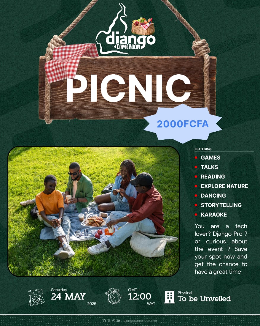 Il est temps de déposer ton PC de côté!

Django Cameroon organise en inédit une sortie en nature a partir de 12h précise pour les habitants de la ville de Yaoundé.
Les frais seront payés sur les numéros suivants.

MOMO: 671338299
OM: 691678378 (WhatsApp aussi)
Nom: Edmond Makolle