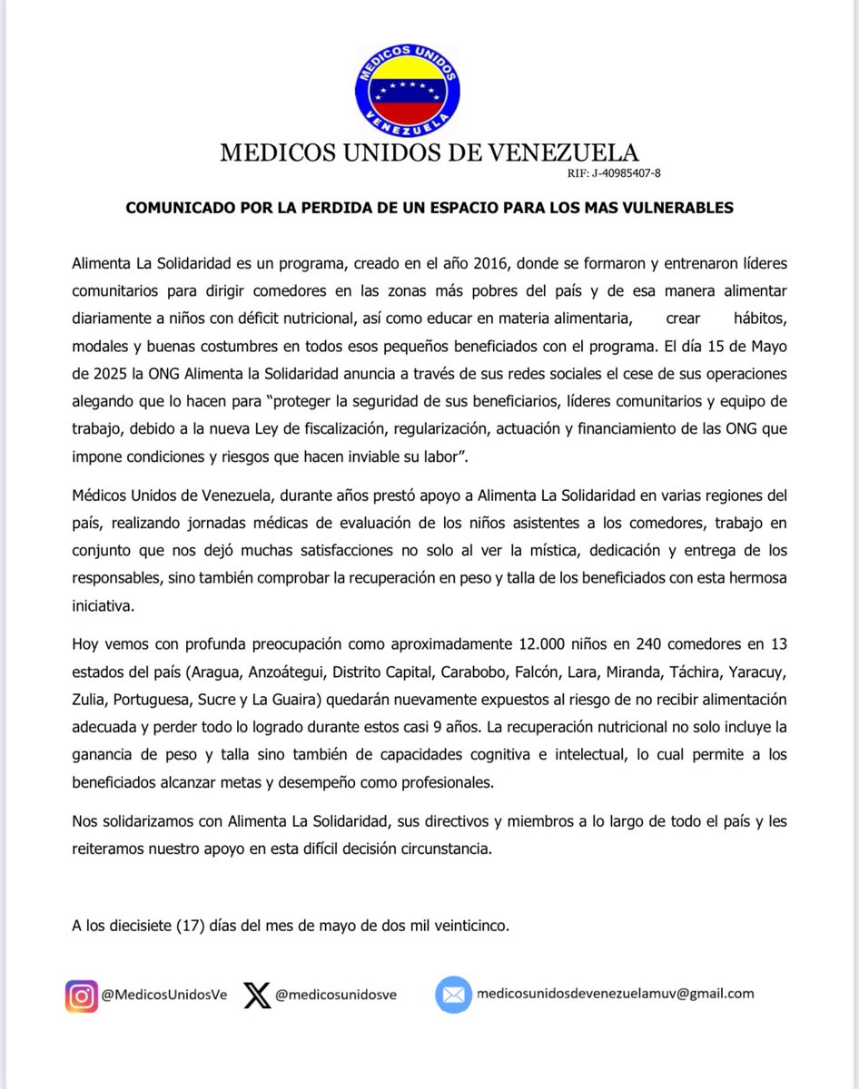 Desde Médicos Unidos de Venezuela nos solidarizamos con “Alimenta La Solidaridad” una ONG cuya labor ha sido invaluable, alcanzando a 12000 venezolanos vulnerables, en su mayoría niños, y empujándolos a la escolaridad junto a la alimentación. Lamentamos profundamente su retiro