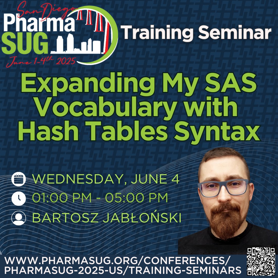 PharmaSUG (@pharmasug) on Twitter photo Hash tables might seem tricky at first, but Bart Jablonski (<a href="/yabwon/">Bartosz Jabłoński</a>) will show you why their advantages far outweigh the challenges. Register for this PharmaSUG post-conference training seminar today: pharmasug.org/conferences/ph… Hash tables might seem tricky at first, but Bart Jablonski (<a href="/yabwon/">Bartosz Jabłoński</a>) will show you why their advantages far outweigh the challenges. Register for this PharmaSUG post-conference training seminar today: pharmasug.org/conferences/ph…