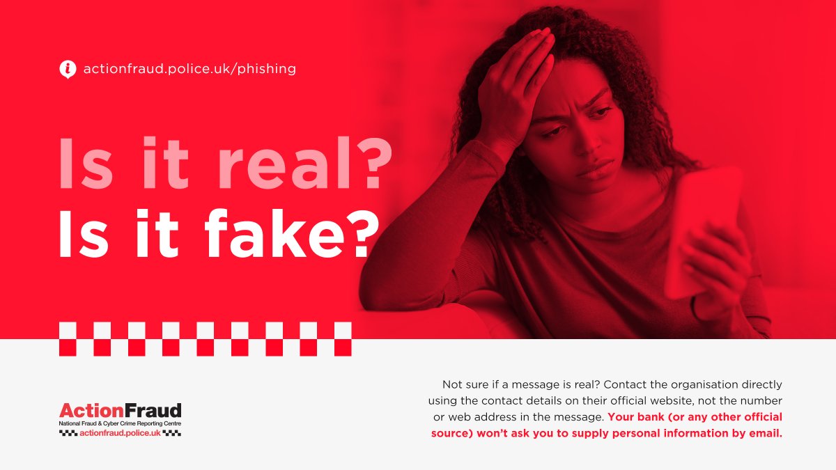 RT @ActionFraudUK: Beware of phishing. Not sure if a message is real or fake. Contact the organisation or company directly using the contact details on their website. Don't click links in the message. #ReportThePhish