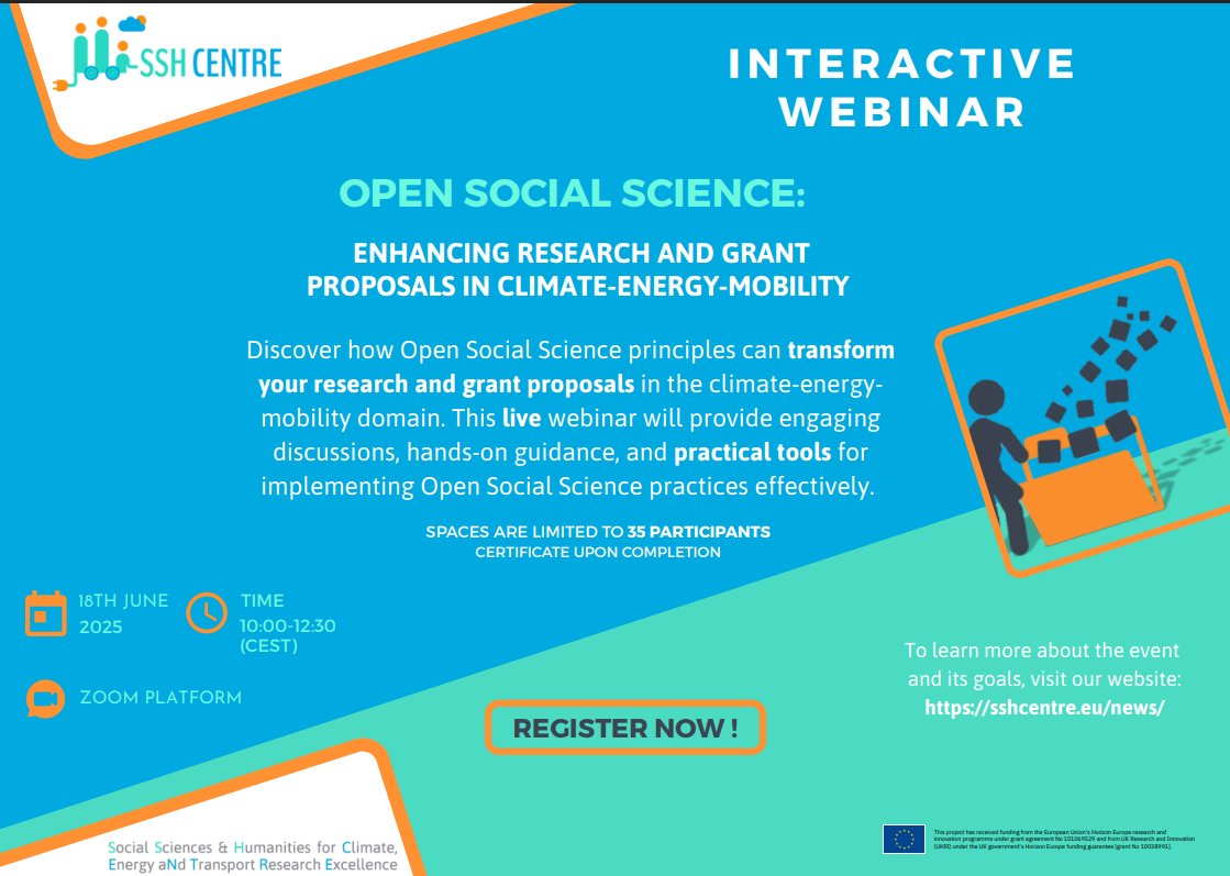 📢 Calling all SSH researchers!
Join us on 18 June 2025 for a live, interactive Open Social Science webinar designed to boost the impact, transparency, and fundability of your climate‑energy‑mobility research.

🔗 Register now: docs.google.com/forms/d/e/1FAI…