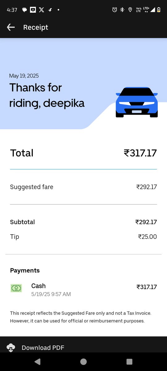 When I book the uber that shows 236rs I added tip of 25rs but my trip ended with 317rs. The driver says madam itna hi show ho rhaa hai.
. Can't argued with him..

Y such things happening???

It maybe second or third time I am facing this issue <a href="/UberIN_Support/">Uber India Support</a>
