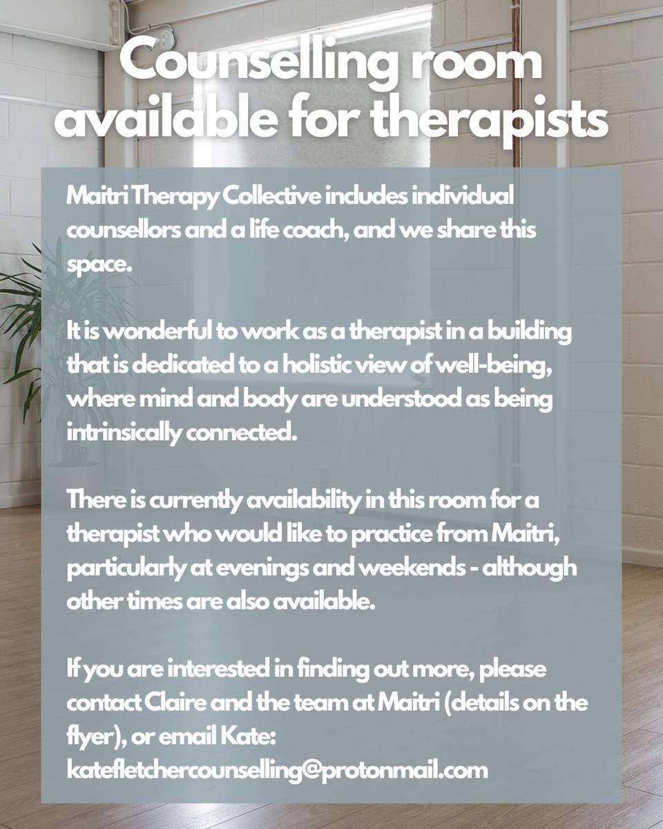 Therapist or counsellor looking for a welcoming space to practise?

The Maitri Therapy Collective has room for one more. Calm, purpose-built counselling room in East Belfast.

📧 katefletchercounselling@protonmail.com
#RoomToRent #MaitriStudio #TherapistSpaceBelfast