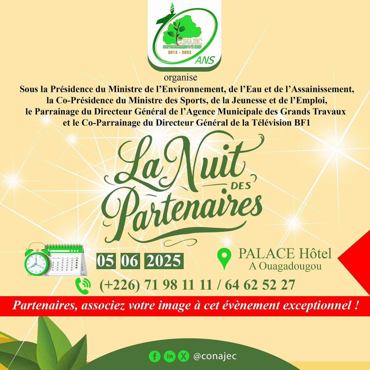 À l’occasion de ses 10 ans années d’action, la CONAJEC organise la nuit des Partenaires, qui aura lieu le 05 juin 2025 en marge de la Journée Mondiale de l’Environnement. Plein de choses à découvrir! 
Partenaires, associez votre image à cet évènement….
#10ansCONAJEC