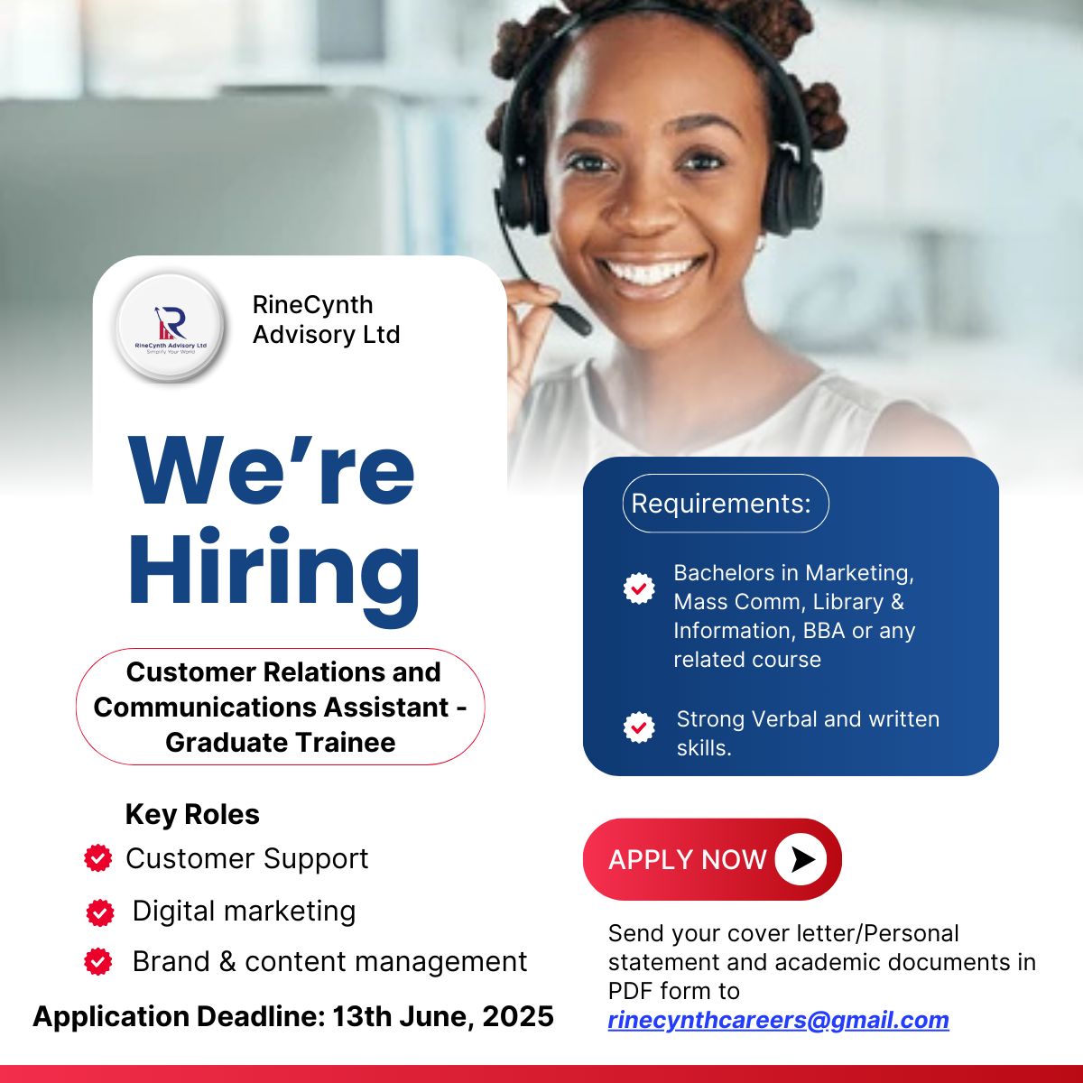 "Kick-start your career in customer relations! We're looking for a dynamic and enthusiastic graduate trainee to join our team as a Customer Relations Assistant. Ready to grow with us? Apply today!"
#CareerGrowth #GraduateTrainee