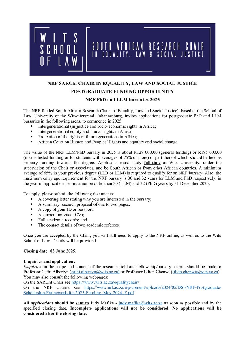 SAJHR (@sajhr_za) on Twitter photo 📢 #Postgraduatefundingopportunity ➡ Call for applications for PhD and LLM bursaries under the NRF SARChI Chair on Equality, Law & Social Justice <a href="/WitsSchoolofLaw/">Wits School Of Law</a>
👉Deadline: 02 June 2025.
ℹ️ See details (incl. focus areas, criteria, required documents) below ⬇ 📢 #Postgraduatefundingopportunity ➡ Call for applications for PhD and LLM bursaries under the NRF SARChI Chair on Equality, Law & Social Justice <a href="/WitsSchoolofLaw/">Wits School Of Law</a>
👉Deadline: 02 June 2025.
ℹ️ See details (incl. focus areas, criteria, required documents) below ⬇