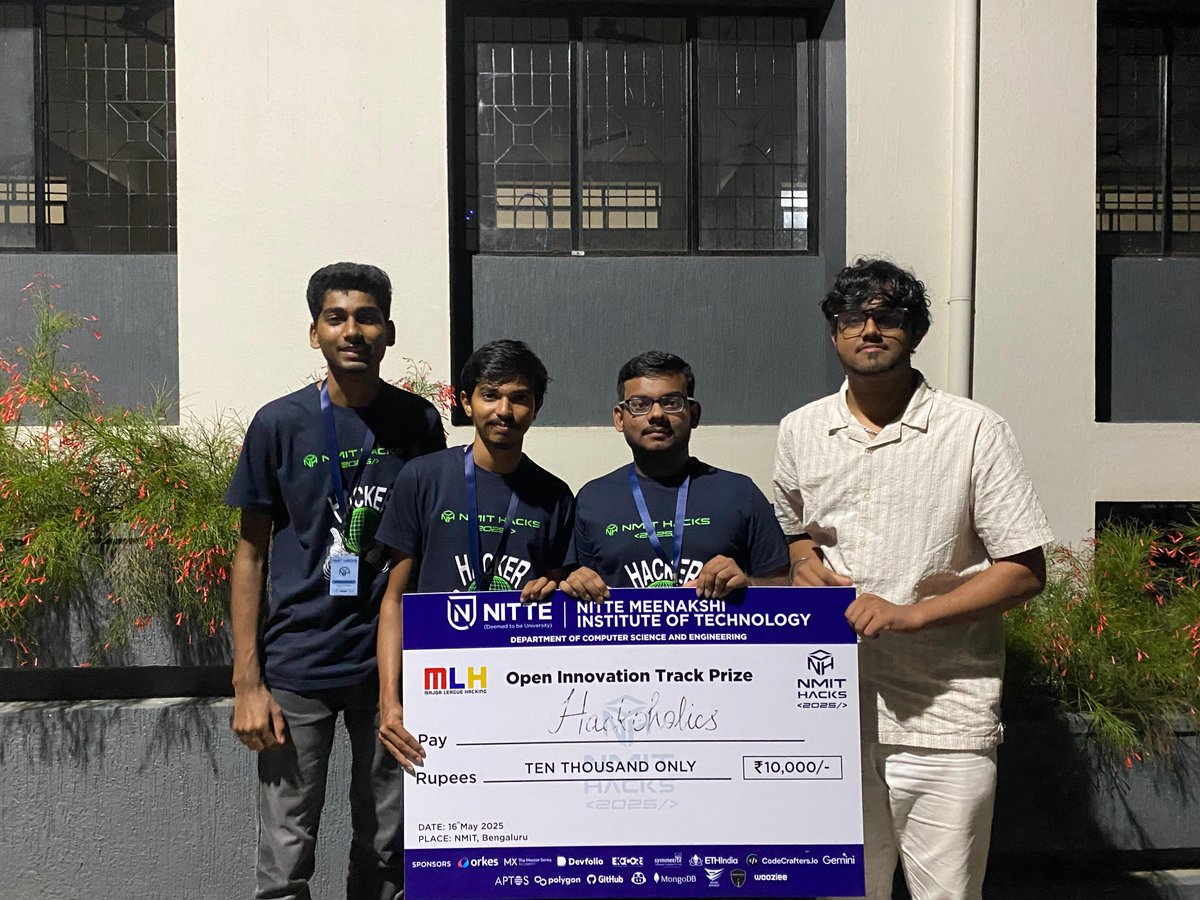 DhruvaD575's tweet photo. NMIT Hacks 25' โ Open Innovation Track Winners! ๐
Check it out: https://t.co/IVPOZjYy78
Repo: https://t.co/MnsWsckzaE
@aibrewery @Pradyumna_05 @kskumarswami @Sharad_sr_77 @NMIT_Hacks @devfolio
#NMITHacks25 #HackathonWin https://t.co/VAu43zSdUN