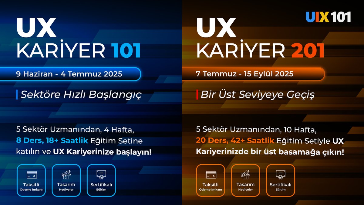101 ve 201 Sınıf Kayıtlarımız açıldı 👇

101 (Haziran 2025) : uix101.com/egitimler/canl…

201 (Temmuz - Ağustos - Eylül 2025) : uix101.com/egitimler/canl…

NOT: Kontenjanlar 10'ar kişi olup, ek kontenjan açılmayacaktır.