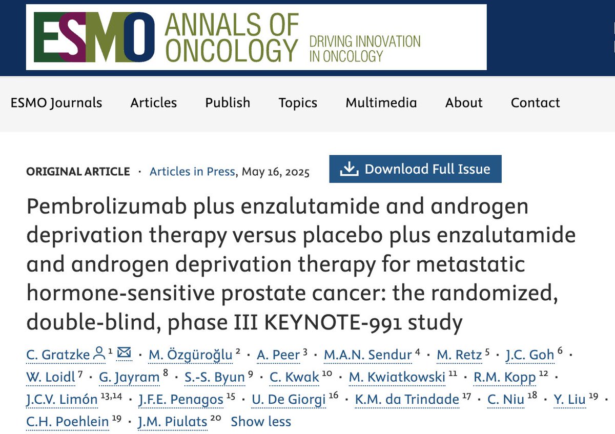 Yüksel Ürün (@dryukselurun) on Twitter photo KEYNOTE-991: Pembrolizumab + Enzalutamide + ADT vs Placebo + Enzalutamide + ADT in treatment-naive mHSPC.
⛔ Did not improve rPFS
⛔ No OS benefit
⛔ More toxicity
<a href="/cgratzke/">Christian Gratzke</a> <a href="/nahit_sendur/">Mehmet Ali Nahit Sendur</a> <a href="/Annals_Oncology/">Annals of Oncology</a> <a href="/OncoAlert/">OncoAlert</a> <a href="/APCCC_Lugano/">Advanced Prostate Cancer Consensus Conference</a> <a href="/Uromigos/">Uromigos</a>
annalsofoncology.org/article/S0923-… KEYNOTE-991: Pembrolizumab + Enzalutamide + ADT vs Placebo + Enzalutamide + ADT in treatment-naive mHSPC.
⛔ Did not improve rPFS
⛔ No OS benefit
⛔ More toxicity
<a href="/cgratzke/">Christian Gratzke</a> <a href="/nahit_sendur/">Mehmet Ali Nahit Sendur</a> <a href="/Annals_Oncology/">Annals of Oncology</a> <a href="/OncoAlert/">OncoAlert</a> <a href="/APCCC_Lugano/">Advanced Prostate Cancer Consensus Conference</a> <a href="/Uromigos/">Uromigos</a>
annalsofoncology.org/article/S0923-…