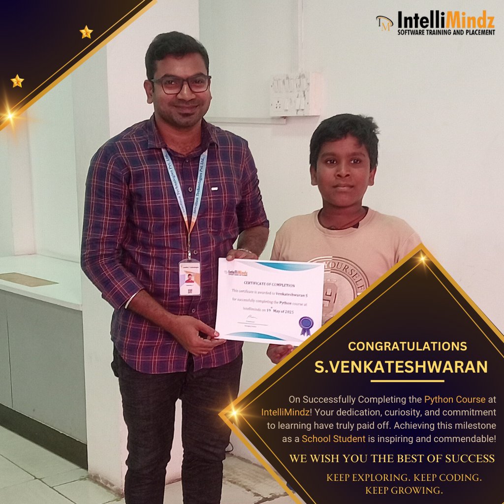 intellimindz_in's tweet photo. Congratulations to S. Venkateshwaran on successfully completing the Python course at IntelliMindz! A proud achievement for a school student with a bright tech future ahead!
#PythonTraining #StudentSuccess #YoungCoder #TechTalent #IntelliMindz #ProudMoment #FutureDeveloper https://t.co/6S9fK4EmKi