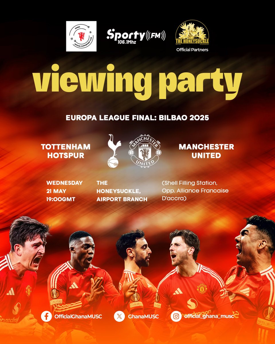 Europa League Final Viewing Party!

- Date: May 21st, 2025
- Time: 19:00 GMT
- Venue: Honeysuckle Pub &amp; Restaurant, Airport, Accra

Join us for an exciting night of football!
