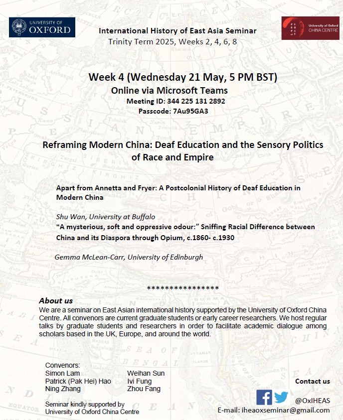 Do join us ONLINE for our Week 4 session on Weds 21 May at 5pm BST on 'Reframing Modern China: Deaf Education and the Sensory Politics of Race and Empire' - Looking forward to seeing everyone there!

NOTE - This session is ONLINE ONLY.

MS Teams Link:

teams.microsoft.com/l/meetup-join/…