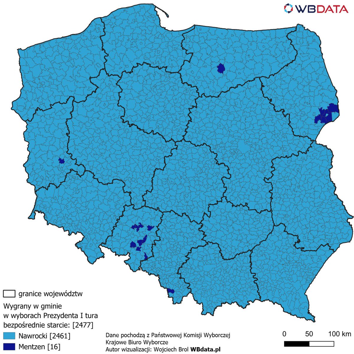 wbdata's tweet image. Pojedynek według gmin na mapie @NawrockiKn vs. @SlawomirMentzen w #WyboryPrezydenckie2025 przedstawia się tak