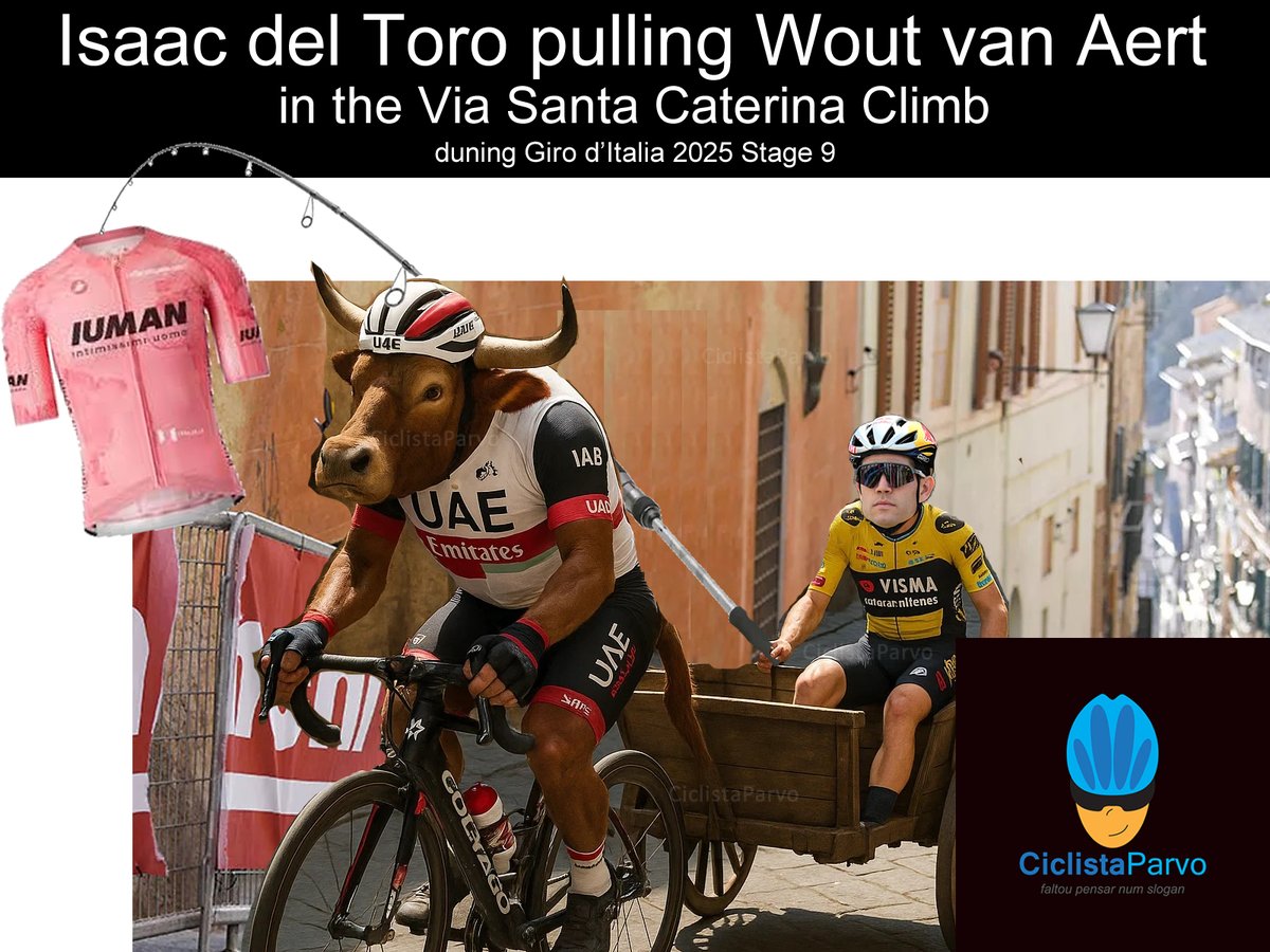 ISAACDELTOROx1 (@TeamEmiratesUAE) pulling @WoutvanAert (@vismaleaseabike)  in the Via Santa Caterina Climb duning @giroditalia 2025 Stage 9 #humor  #fun #ciclistaparvo #bikes #cycling #bicicletas #ciclismo #ciclismoestrada  #roadcycling #cyclingmemes ..., image size:1200x900