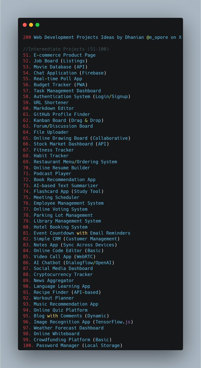 e_opore's tweet image. 200 Web Development Projects Ideas.
Get all the 200 Web Development Projects with Source Code in this ebook; codewithdhanian.gumroad.com/l/edidf