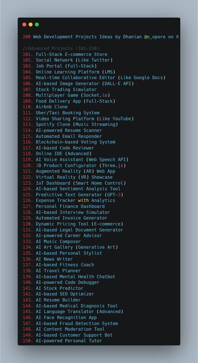 e_opore's tweet image. 200 Web Development Projects Ideas.
Get all the 200 Web Development Projects with Source Code in this ebook; codewithdhanian.gumroad.com/l/edidf