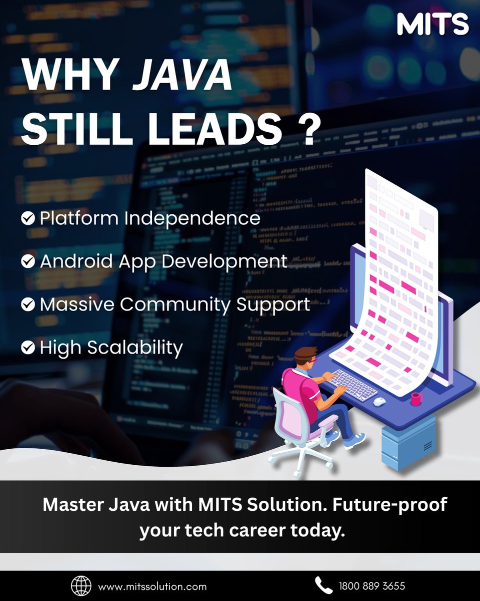 SolutionMits's tweet image. Why Java Still Leads the Pack?
Decades old but far from outdated — Java continues to dominate with its platform independence, strong community support, and unmatched scalability.
🌐 mitssolution.com | 📞 1800 889 3655
#MITSSolution #Java #Programming #TechLeadership