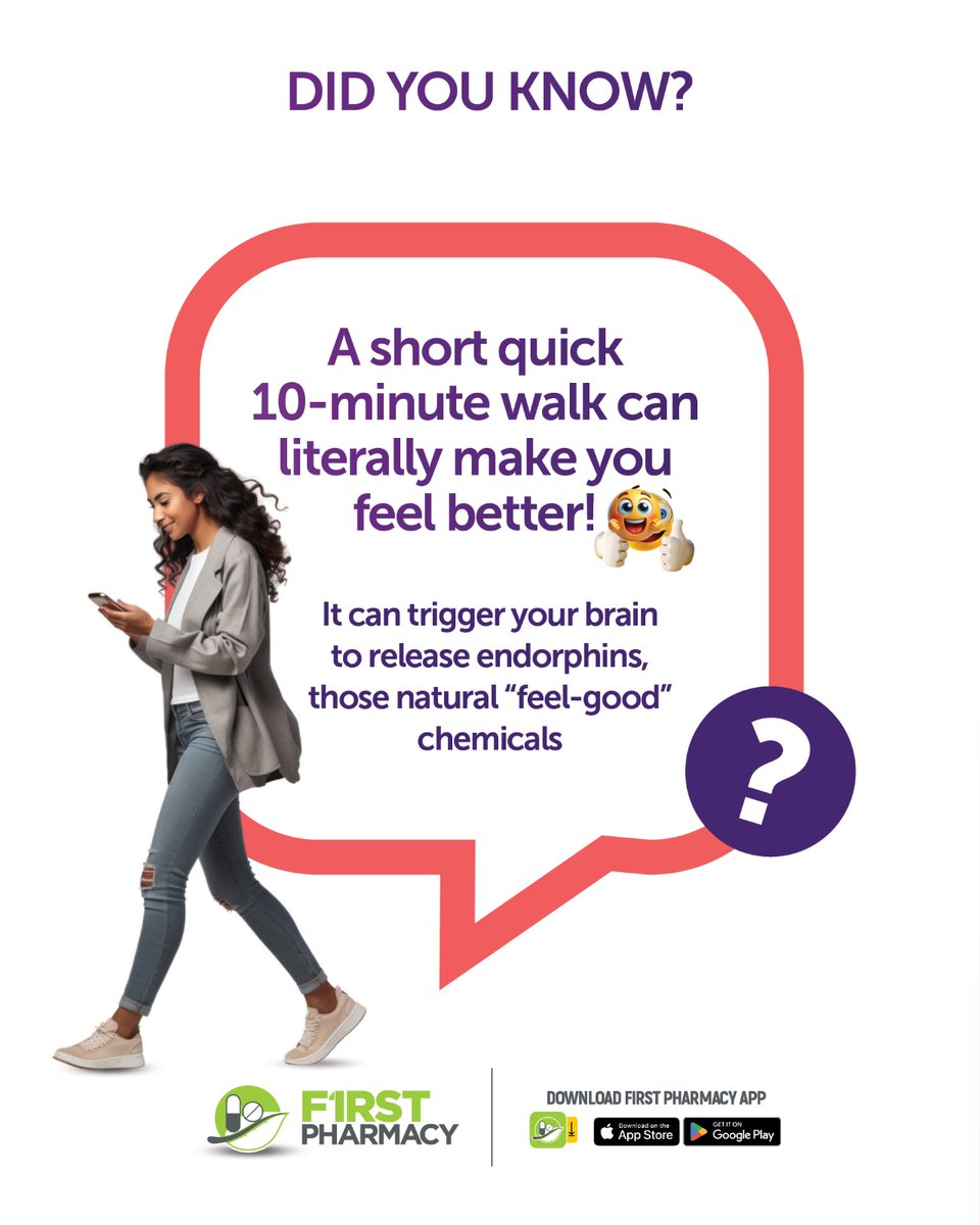 A 10-minute brisk walk is more powerful than you think- it kicks off the release of endorphins, those natural mood-lifting chemicals your brain loves. 

More movement = more oxygen to your brain = a happier, clearer you.
So go on, take a lap. Your mood will thank you
#HealthTips