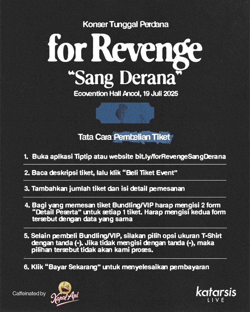 Tempat perayaan telah ditentukan!
Mari memasuki perjalanan kehilangan yang lebih dalam. Bukan hanya pertunjukan, tapi juga proses menerima dan merayakan.

Konser Tunggal Perdana for Revenge: Sang Derana
📍 Ecovention Hall, Ancol, Jakarta
🗓️ 19 Juli 2025

Dapatkan tiketnya di :