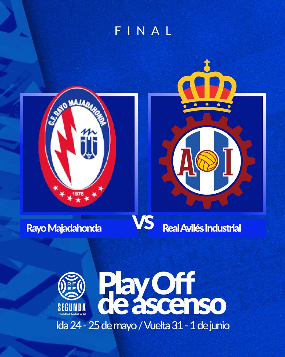 ✅ ¡Ya tenemos rival para la final!

🤝 Nos mediremos al <a href="/RMajadahonda/">CF Rayo Majadahonda 🤍⚡️💙</a>

➡️ Ida: Estadio Cerro del Espino (24/25 mayo)
⬅️ Vuelta: 𝗥omán 𝗦uárez 𝗣uerta (31 mayo / 1 de junio)

#Eselmomento 🔥
#RealAvilésIndustrial 🔵⚪🔴