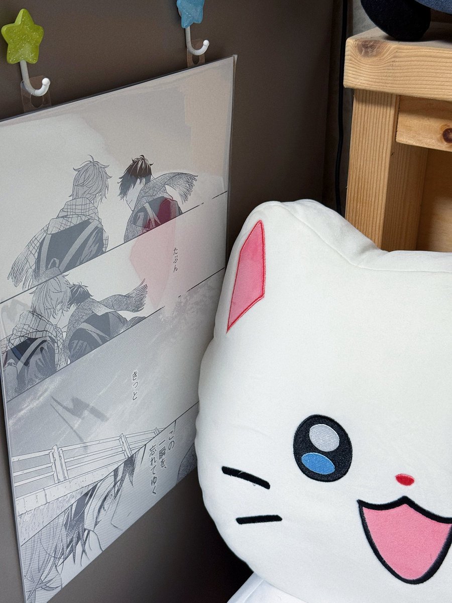 wavesleftfoam's tweet photo. 기븐전 복제 원화 포스터... 포장 그대로에 다이소 소프트 행거탭 붙여서 책장 옆면에 걸어 줌 ◠ ̫◠ ✌🏻 침대 바로 옆이라 누워서 고개 돌리면 리츠마후 뽀뽀 볼 수 있음 😳// https://t.co/lJ8cjcKTdb