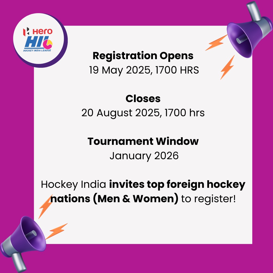 CALLING ALL HOCKEY STARS - PLAYER REGISTRATION NOW OPEN FOR HERO HIL 2026! 🏑

Whether you're from India or any of the top hockey nations across the world, this is your moment.

Eligible Nations - 
Men’s Teams - India, Netherlands, Belgium, United Kingdom, Germany, France,