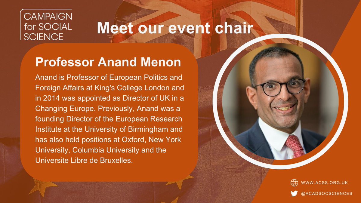 Campaign for Social Science (@cfsocialscience) on Twitter photo Meet our event chair🎤 <a href="/anandMenon1/">Anand Menon</a>. He’ll be chairing our forthcoming event with <a href="/SussexUni/">University of Sussex</a> & <a href="/UKandEU/">UK in a Changing Europe</a> which will reflect on key challenges & opportunities for UK trade policy as part of our Good Growth series.
📅 5 June
⏰ 2pm-4pm
📍 London
Register➡️acss.civiplus.net/civicrm/event/… Meet our event chair🎤 <a href="/anandMenon1/">Anand Menon</a>. He’ll be chairing our forthcoming event with <a href="/SussexUni/">University of Sussex</a> & <a href="/UKandEU/">UK in a Changing Europe</a> which will reflect on key challenges & opportunities for UK trade policy as part of our Good Growth series.
📅 5 June
⏰ 2pm-4pm
📍 London
Register➡️acss.civiplus.net/civicrm/event/…
