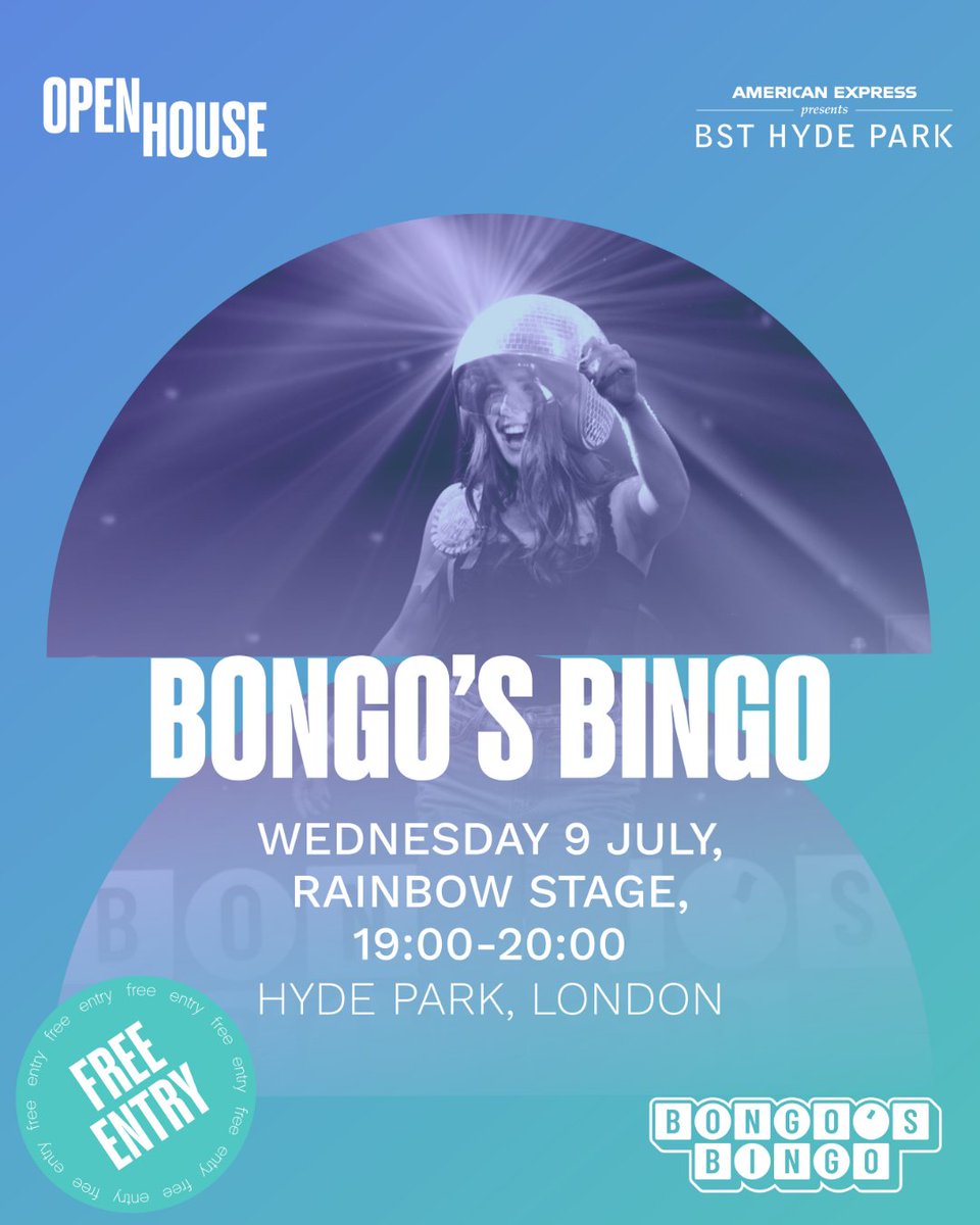 bstopenhouse's tweet image. You’re invited to the ultimate @BongosBingo Party at @bstopenhouse in Hyde Park 🎉
Expect a crazy mix of dance-offs, rave intervals and countless magic moments 💥
✨ FREE entry - just turn up!
📆 Wednesday 9 July
📍 Hyde Park, London
#OpenHouse #BSTHydePark #BongosBingo