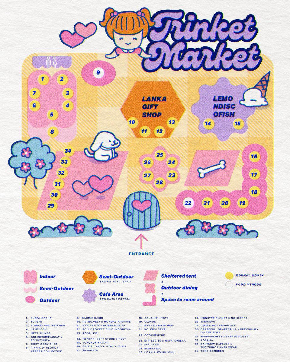 Tenant directory map for Trinket Market vol.3 is here!
🗓️ 31 May – 1 Jun 2025
⏰ 10 AM – 6 PM
📍 LEMONDISCOFISH, Kemang
🎟️ Free entry

🚗 No on-site parking during event days
🚊 Nearest MRT: Blok A
🚌 TransJakarta 6N → Jl. Kemang Selatan I

Save &amp; reposts appreciated!