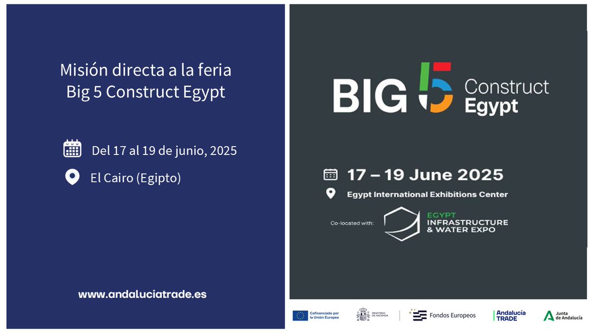 trade_andalucia's tweet photo. 📣CONVOCATORIA
Misión directa para empresas andaluzas del sector de la #construcción a la feria internacional #Big5Construct
🗓️ 17-19 junio, 2025
📍 El Cairo (Egipto)
Solicitudes hasta el 22/5: https://t.co/3qLM75fCOR
@EconoHaciendAND #feder https://t.co/vWcvAWH1EX
