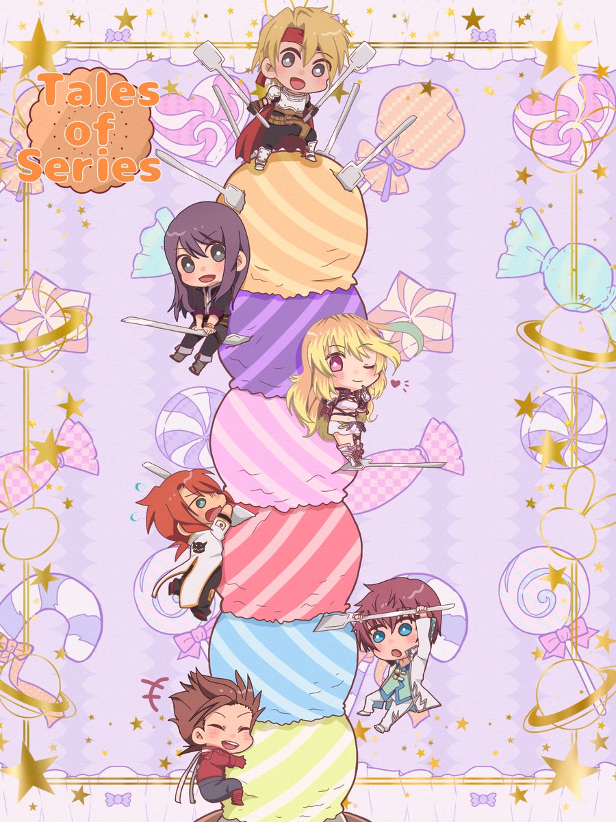 テイルズオブシリーズinアイス

素敵な素材お借りしてテイルズ主人公たちを描いてみました。
クレスとミラは初描きです！
あんま可愛く出来ませんでした┐⁠(⁠‘⁠～⁠`⁠;⁠)⁠┌

#テイルズ好きさんと繋がりたい