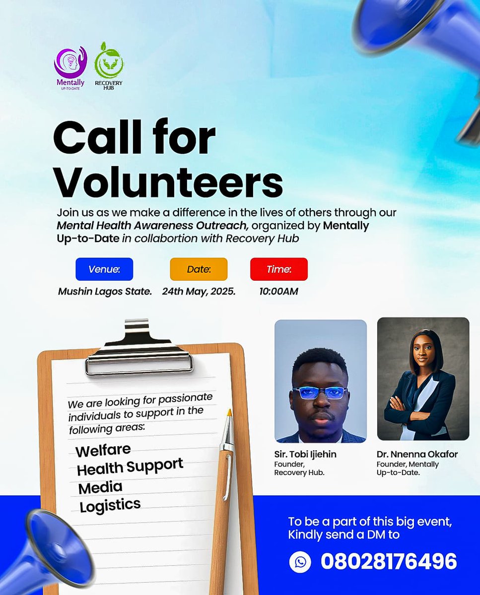 Lend a hand, touch a life. Volunteer with us this May 24th in Mushin! DM 08028176496 to be part of the impact! #Recoveryhub #mentallyuptodate