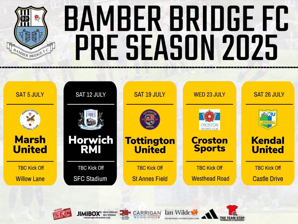 Bamber Bridge FC Reserves (@bamberbridgeres) on Twitter photo π£ Res Dogs preseason schedule π£
Huge shoutout to <a href="/seth_bbfc/">Seth Boardman</a> for the graphic. Great work ππ»β½οΈ π£ Res Dogs preseason schedule π£
Huge shoutout to <a href="/seth_bbfc/">Seth Boardman</a> for the graphic. Great work ππ»β½οΈ