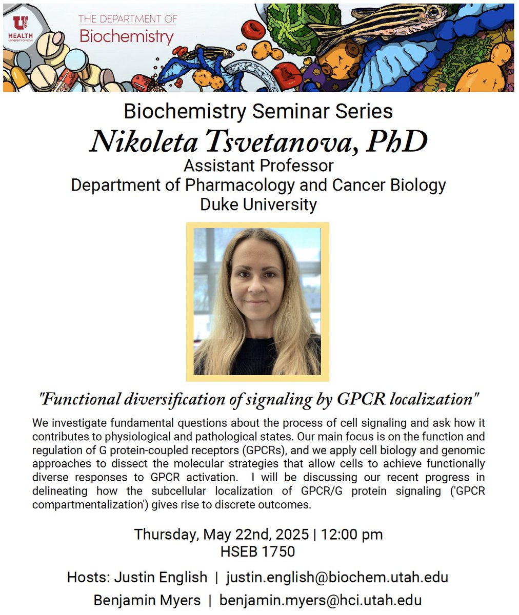 UofUBiochem's tweet image. On Thursday May 22nd, Dr. Nikoleta Tsvetanova (Duke University) will give a talk about functional diversification of signaling by GPCR localization as part of the Biochemistry Seminar Series. HSEB 1750 at 12pm!