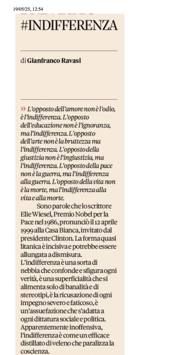Il cardinale Ravasi su Il sole 24 ore di ieri