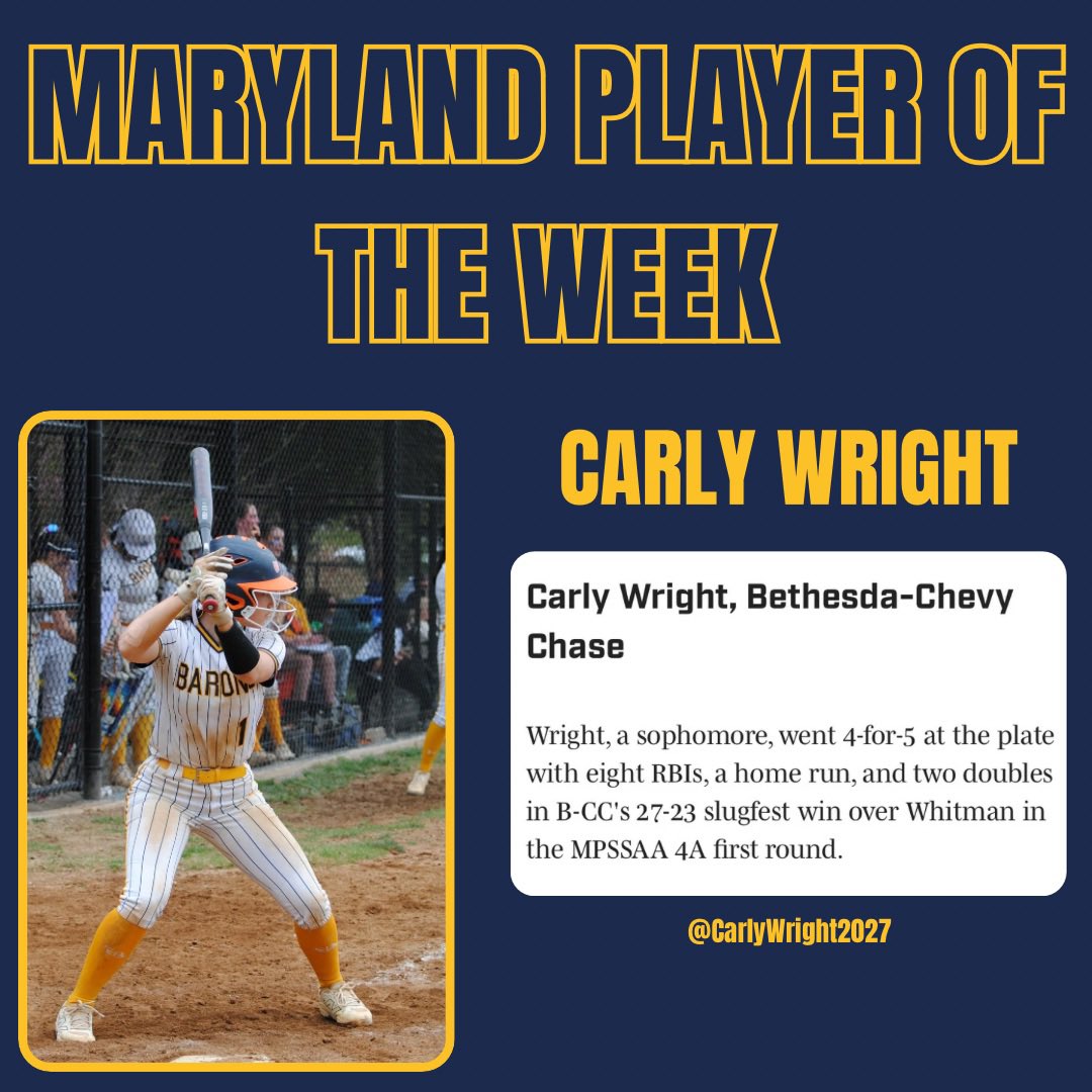 B-CC Barons Softball (@baronssb) on Twitter photo Congrats <a href="/CarlyWright2027/">Carly Wright 2027</a> for being selected by <a href="/HighSchoolOnSI/">High School On SI</a> for Maryland Softball Player of the Week!🎉🥳 B2B weeks for our Baron Sophomores!💙💛 <a href="/SInow/">Sports Illustrated</a> <a href="/hslichtman/">Harry Lichtman</a>
<a href="/MCPSAthletics/">MCPS Athletics</a> <a href="/BCC_Barons/">B-CC Athletics</a> <a href="/bcc_boosters/">Bethesda Chevy Chase Sports Boosters</a> Congrats <a href="/CarlyWright2027/">Carly Wright 2027</a> for being selected by <a href="/HighSchoolOnSI/">High School On SI</a> for Maryland Softball Player of the Week!🎉🥳 B2B weeks for our Baron Sophomores!💙💛 <a href="/SInow/">Sports Illustrated</a> <a href="/hslichtman/">Harry Lichtman</a>
<a href="/MCPSAthletics/">MCPS Athletics</a> <a href="/BCC_Barons/">B-CC Athletics</a> <a href="/bcc_boosters/">Bethesda Chevy Chase Sports Boosters</a>