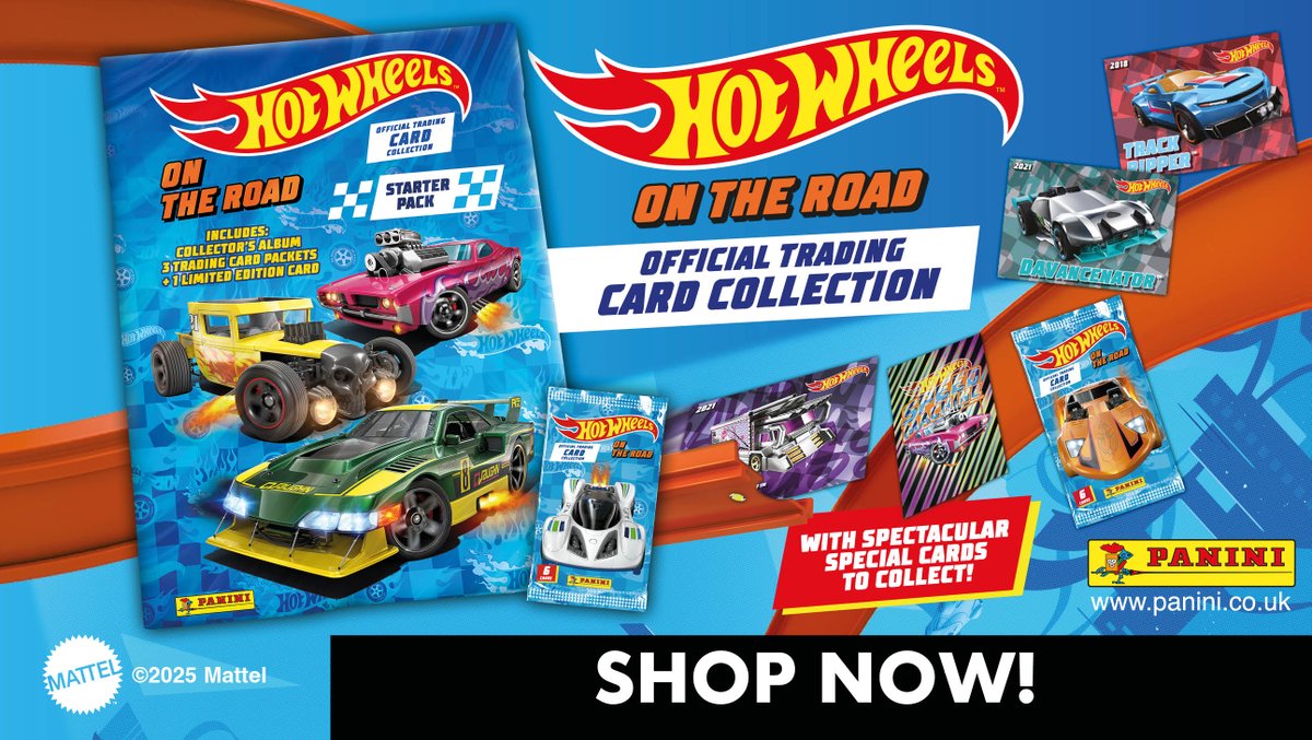 Panini's all-new Hot Wheels On The Road Official Trading Card Collection features the most amazing Hot Wheels cars in trading card form with playable features! Browse the collection and find out where to find the LIMITED EDITION cards - Multipacks also include a Hot Wheels car!