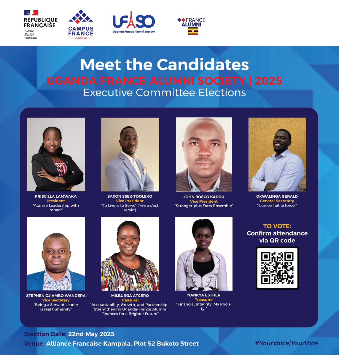 Uganda France Alumni Society 🇺🇬🇫🇷 (@francealumniug) on Twitter photo Meet the inspiring candidates for the <a href="/FranceAlumniUG/">Uganda France Alumni Society 🇺🇬🇫🇷</a> Committee Elections 2025! 🇫🇷🇺🇬
Join us as we choose leaders committed to alumni impact, service, partnership, & financial integrity.
🗳️ Election Date: 22nd May 2025
📍 Venue: <a href="/AFKampala/">Alliance Française Kampala</a>
#YourVoiceYourVote #UFASOElections2025 Meet the inspiring candidates for the <a href="/FranceAlumniUG/">Uganda France Alumni Society 🇺🇬🇫🇷</a> Committee Elections 2025! 🇫🇷🇺🇬
Join us as we choose leaders committed to alumni impact, service, partnership, & financial integrity.
🗳️ Election Date: 22nd May 2025
📍 Venue: <a href="/AFKampala/">Alliance Française Kampala</a>
#YourVoiceYourVote #UFASOElections2025