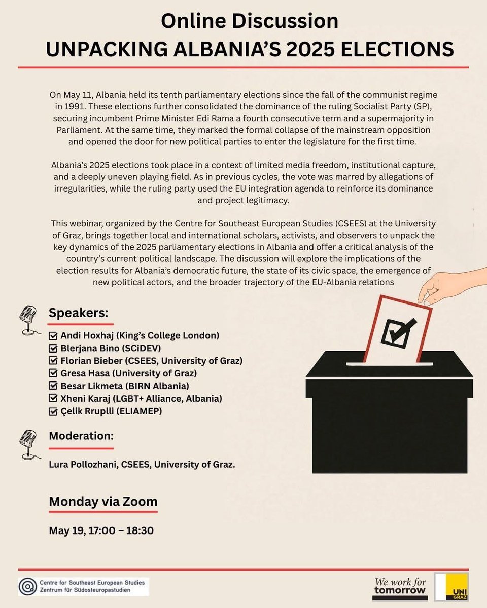 Andi Hoxhaj OBE (@andi_hoxhaj) on Twitter photo Thank you to Gresa Hasa, <a href="/LuraPo_/">Lura Pollozhani</a>, <a href="/UniGraz/">Uni Graz/University of Graz</a> for organising a webinar about Albania's parliamentary elections today at 5 p.m.
Join us for an online discussion, together with <a href="/BlerjanaB/">Blerjana Bino</a>, Florian Bieber, <a href="/BesarLikmeta/">Besar Likmeta</a>, <a href="/Xheni_Karaj/">Xheni Karaj</a>, and <a href="/Celikso/">Celik Rruplli</a> today 👇
uni-graz.zoom.us/j/68022600082?… Thank you to Gresa Hasa, <a href="/LuraPo_/">Lura Pollozhani</a>, <a href="/UniGraz/">Uni Graz/University of Graz</a> for organising a webinar about Albania's parliamentary elections today at 5 p.m.
Join us for an online discussion, together with <a href="/BlerjanaB/">Blerjana Bino</a>, Florian Bieber, <a href="/BesarLikmeta/">Besar Likmeta</a>, <a href="/Xheni_Karaj/">Xheni Karaj</a>, and <a href="/Celikso/">Celik Rruplli</a> today 👇
uni-graz.zoom.us/j/68022600082?…