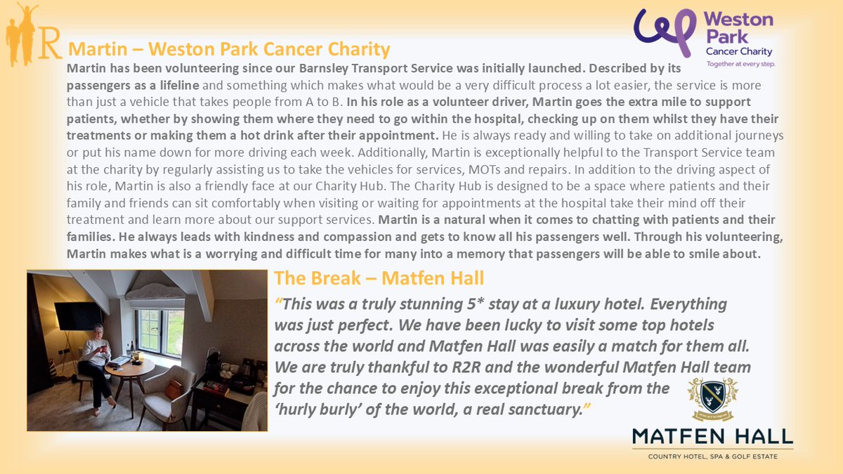 Room to Reward (@roomtoreward) on Twitter photo "Everything was just perfect." Some fantastic feedback on another memorable break delivered by the wonderful <a href="/matfenhall/">Matfen Hall</a>, this time to Martin, an invaluable #volunteer with <a href="/WPCancerCharity/">Weston Park Cancer Charity</a>. This is what R2R is all about - thank you!
#MakeADifference #hotelstay #hospitality "Everything was just perfect." Some fantastic feedback on another memorable break delivered by the wonderful <a href="/matfenhall/">Matfen Hall</a>, this time to Martin, an invaluable #volunteer with <a href="/WPCancerCharity/">Weston Park Cancer Charity</a>. This is what R2R is all about - thank you!
#MakeADifference #hotelstay #hospitality