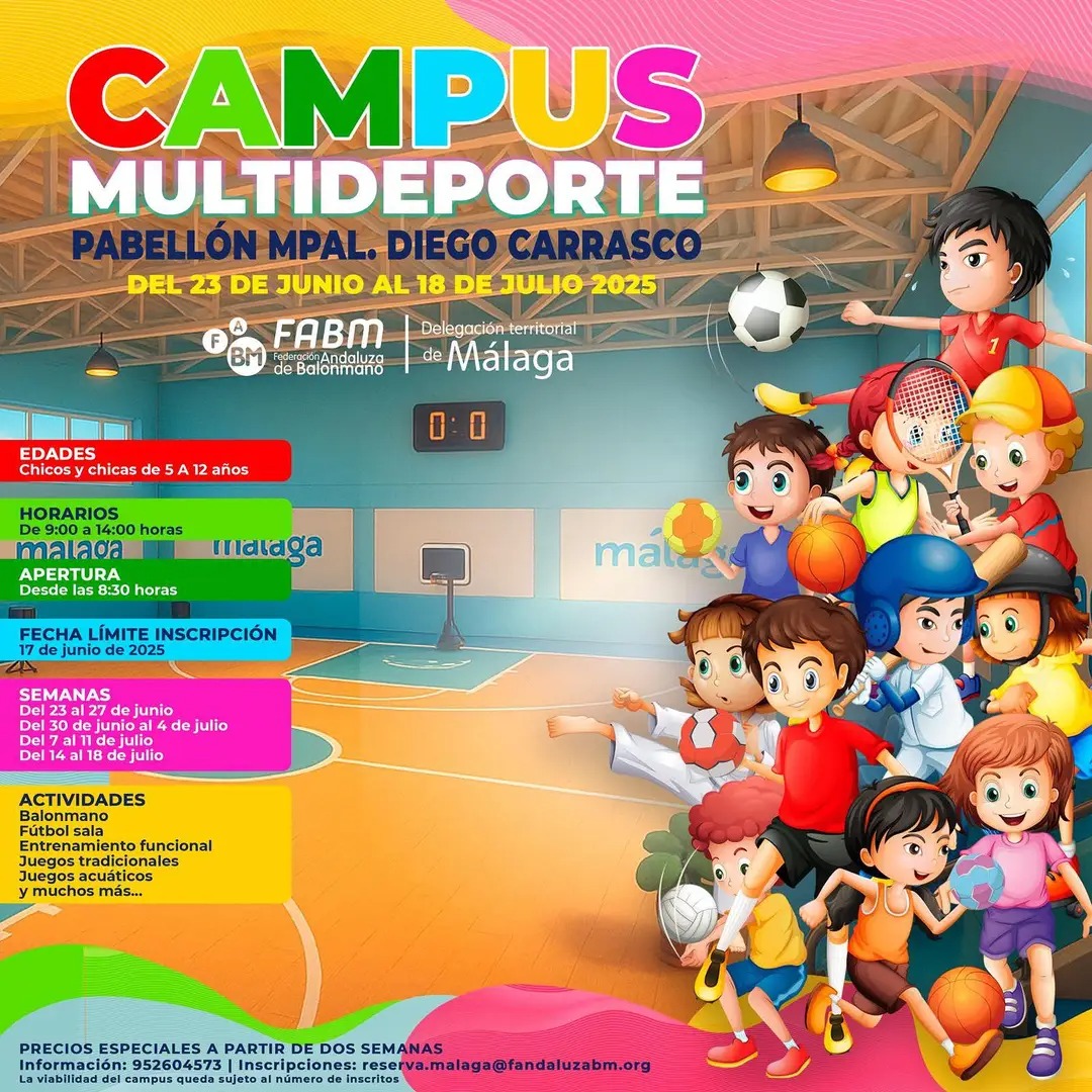 ¡¡¡Ya viene el verano!!! Haz que sea el más divertido con el Campus Multideporte que organizamos en el Pabellón Diego Carrasco.

Balonmano, fútbol sala, juegos tradicionales, juegos acuáticos, todo para que pasen un mes increíble. 

 info: web o en reserva.malaga@fandaluzabm.org