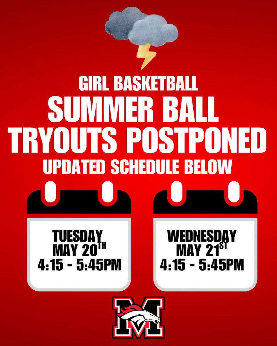 Mustang WBB (@mustangwbb) on Twitter photo โ๏ธ Tryouts Postponed! โ๏ธ
Due to weather conditions, Summer Ball tryouts have been rescheduled.
โ ๏ธ Check the updated schedule below:
๐
Tuesday, May 20 | ๐ 4:15 - 5:45 PM
๐
Wednesday, May 21 | ๐ 4:15 - 5:45 PM
Thanks for your flexibility โ stay safe and stay ready! ๐ช๐ฝ๐ โ๏ธ Tryouts Postponed! โ๏ธ
Due to weather conditions, Summer Ball tryouts have been rescheduled.
โ ๏ธ Check the updated schedule below:
๐
Tuesday, May 20 | ๐ 4:15 - 5:45 PM
๐
Wednesday, May 21 | ๐ 4:15 - 5:45 PM
Thanks for your flexibility โ stay safe and stay ready! ๐ช๐ฝ๐